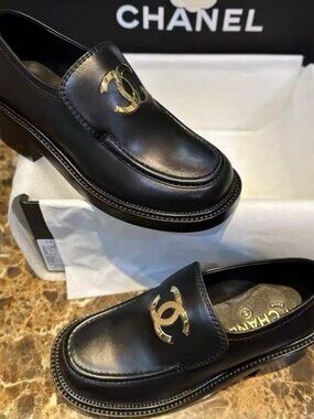 Chanel Black Leather CC Loafers